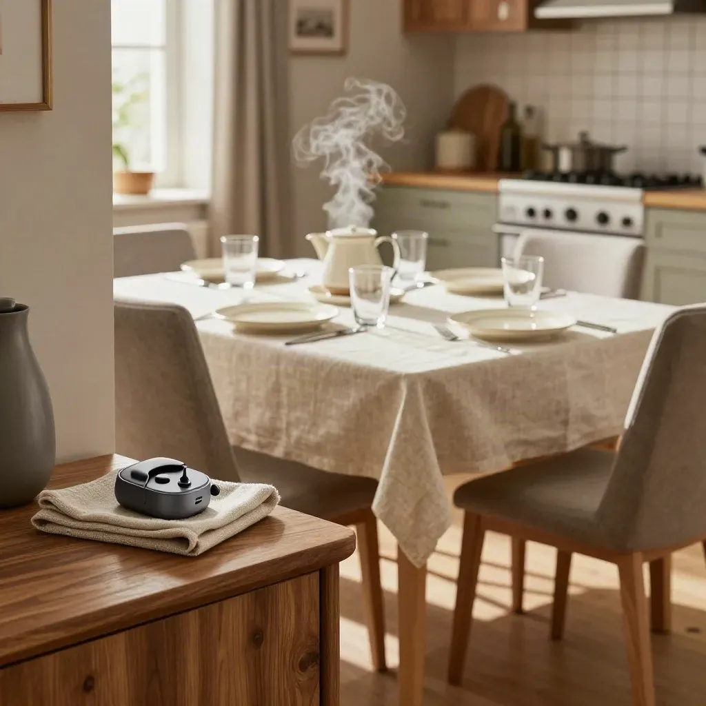 Sunlit dining room with set table, hearing aid charger on sideboard, and steam in the kitchen