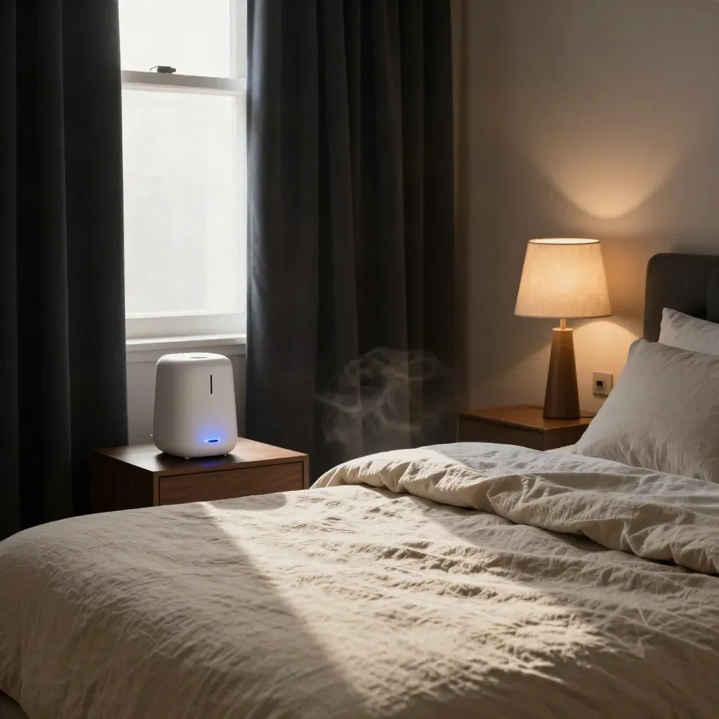 Dim bedroom with blackout curtains, glowing lamp and white-noise machine ready for sleep