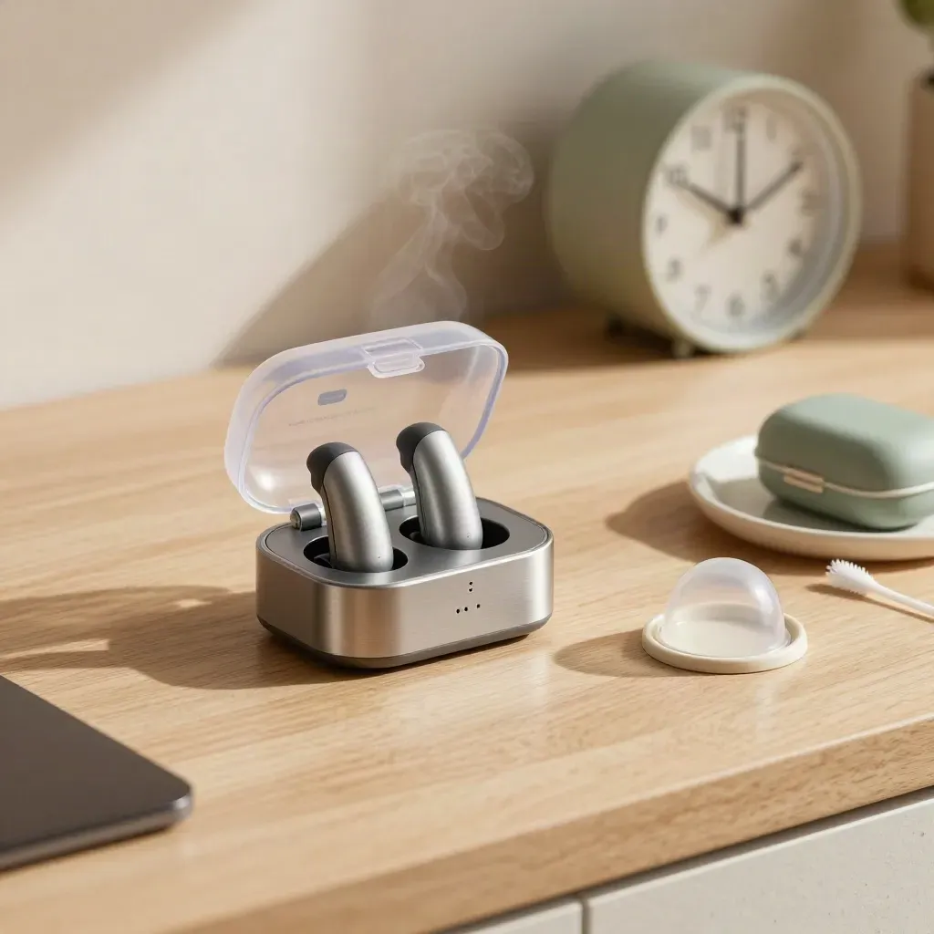 Hearing aids charging beside a dry box, domes and clock on a kitchen counter.