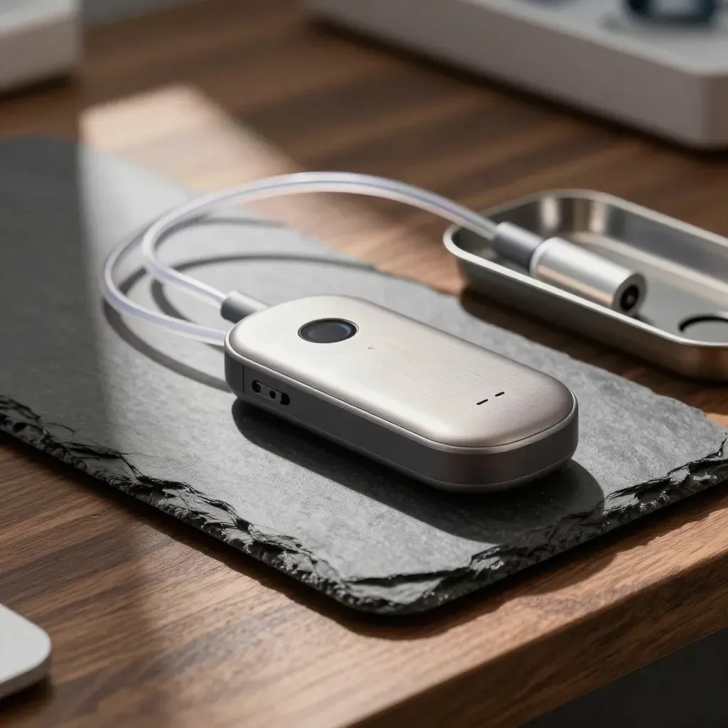 Bluetooth hearing aid streamer, charging base, and adapter cables on textured slate.