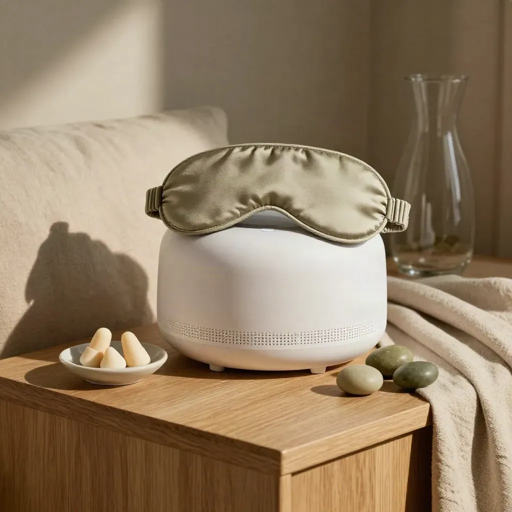 Bedside tinnitus kit with sound machine, sleep mask, ear plugs and smooth calming stones.