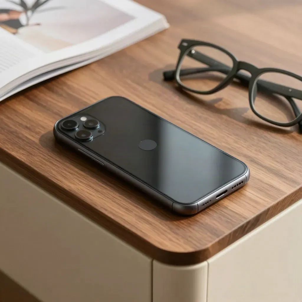 Dark smartphone, call puck, and reading glasses on a walnut desk corner, ready to book a call.