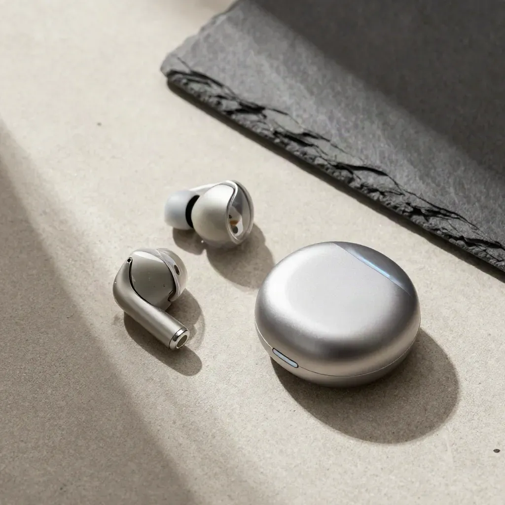 Overhead flatlay of hearing aids, stand, and charger dock on concrete with soft blue accents.