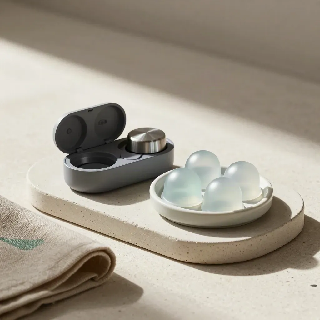 Hearing follow-up kit on a concrete tray: dock, remote puck, and spare domes in soft daylight