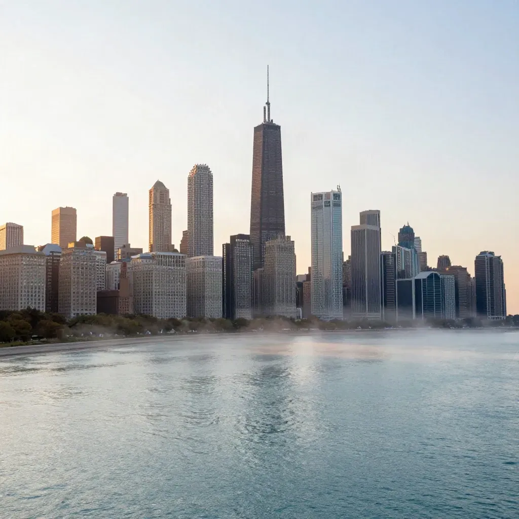 Chicago skyline at sunrise over misty Lake Michigan, calm water below for copy