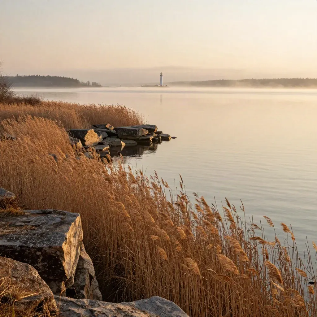 Golden dawn North Shore bluff, reeds, lake mist, distant lighthouse silhouette