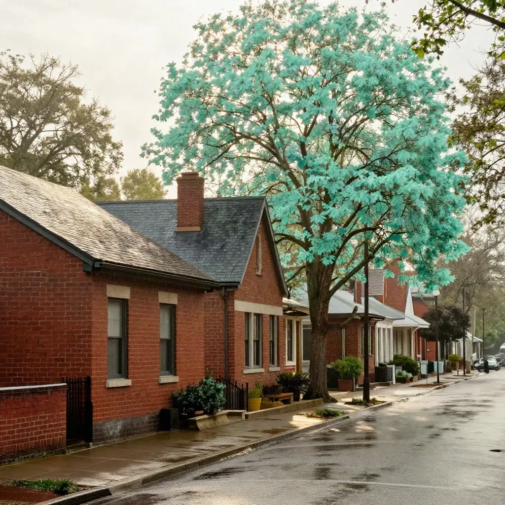 Rainy west suburban brick main street with tree canopy and quiet wet pavement.