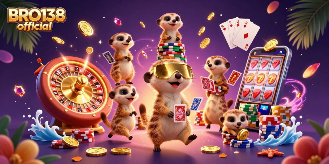 Watch BRO138 official meerkats operate a bustling casino with captivating slot games and vibrant chips.
