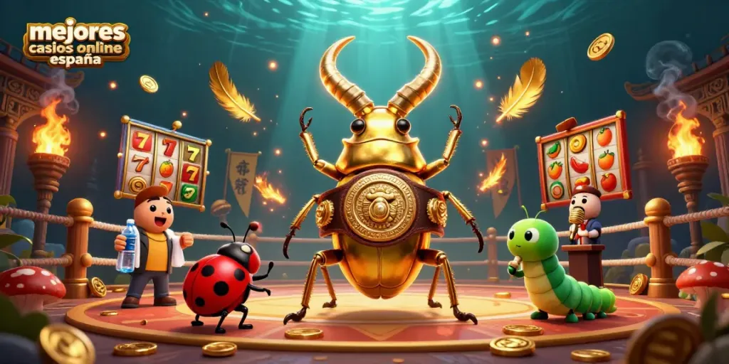 Ilustra acción de los mejores casinos online en España con un escarabajo dorado luchador.