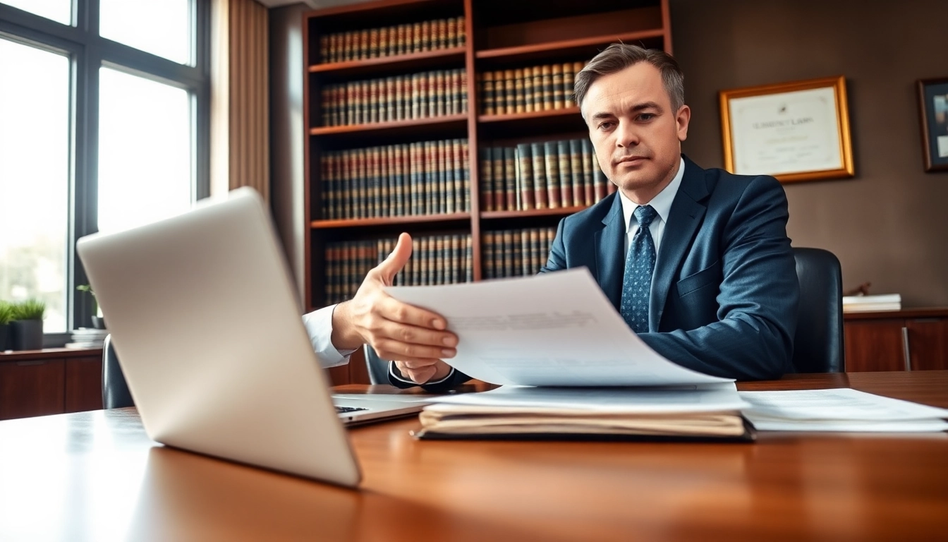 Eminent domain lawyer explaining legal options to a client in an office setting.