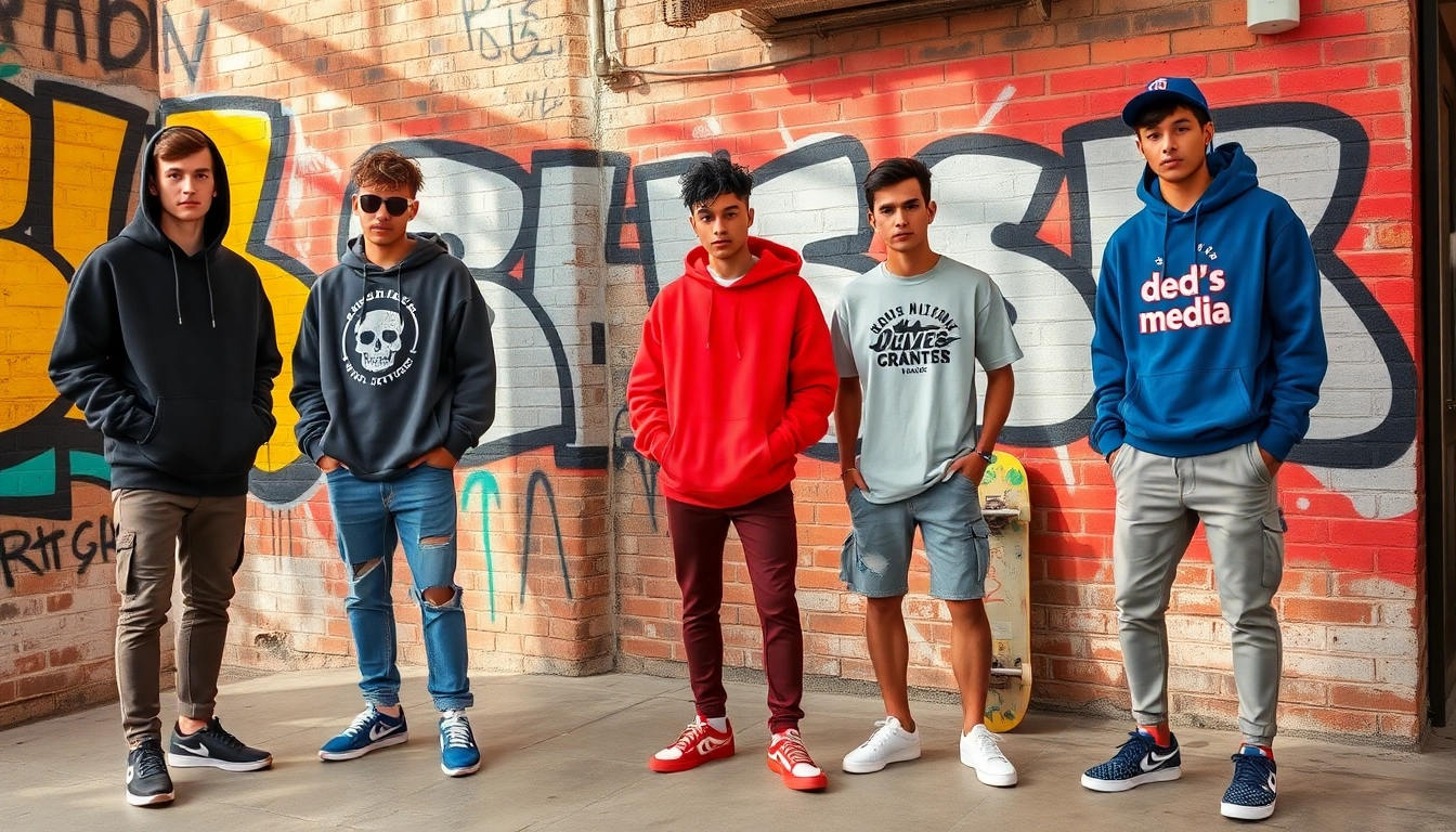 Dynamic urban scene featuring casual streetwear for men with graffiti backdrop.