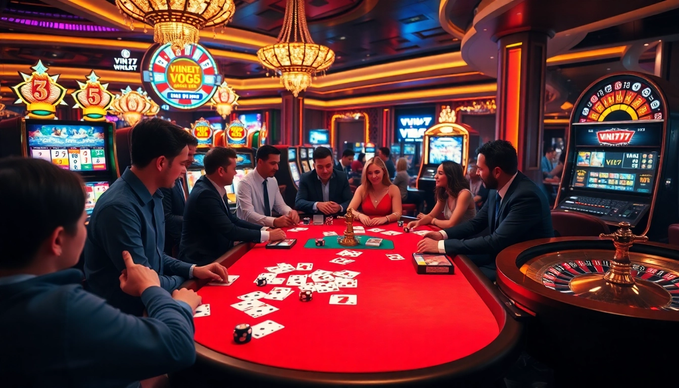 Excited players at a luxurious casino table exemplifying vin777 vin's thrilling gaming experience.