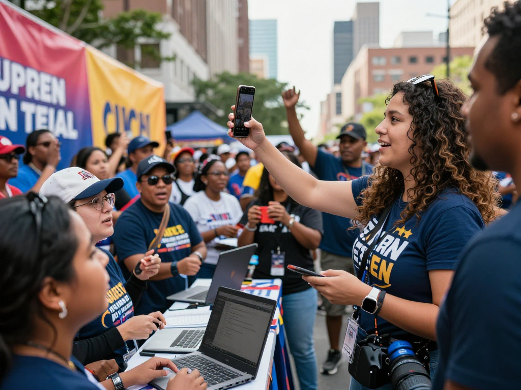 Social media influencer for political campaign capturing voter engagement during an urban rally.