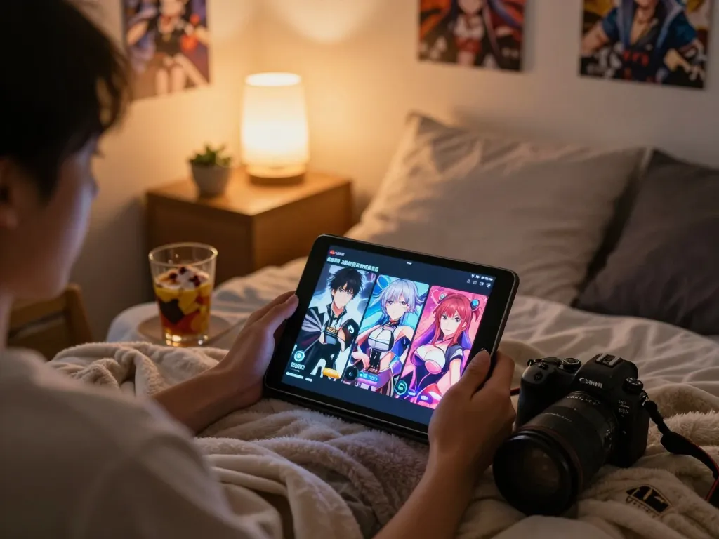 Player enjoying immersive porno games on a tablet in a cozy bedroom setting