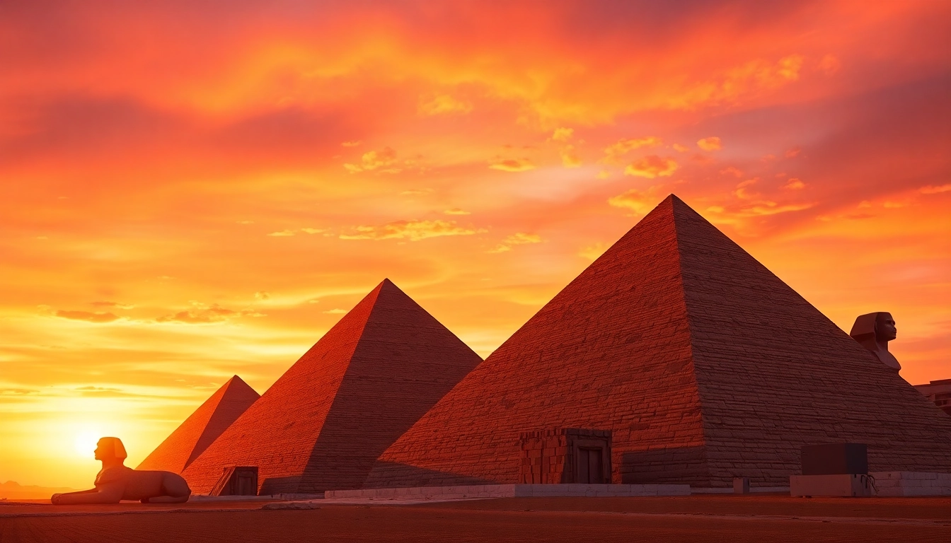 Piraminds emerge against a vibrant sunset sky, showcasing the grandeur of ancient architecture.