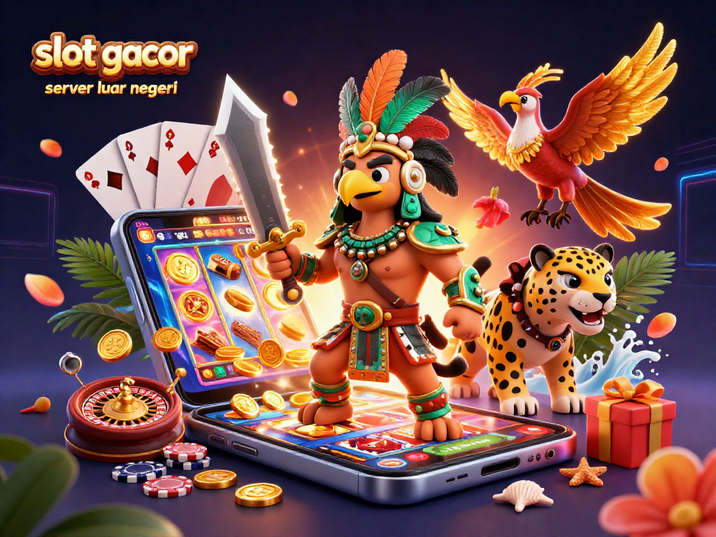 Experience winning at slot gacor server luar negeri with an energetic casino-themed 3D illustration.