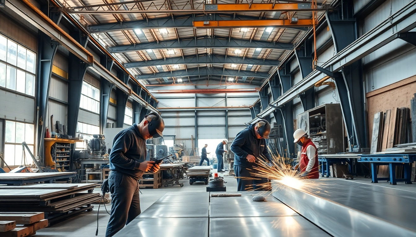 Workers in a steel fabrication shop expertly shaping metal pieces with advanced tools.