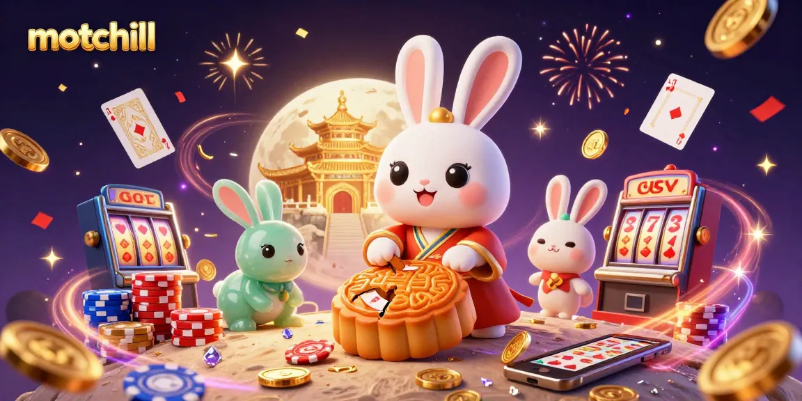 Engage with motchill's vibrant casino magic, featuring a moon rabbit amidst dynamic slots and festive coins.