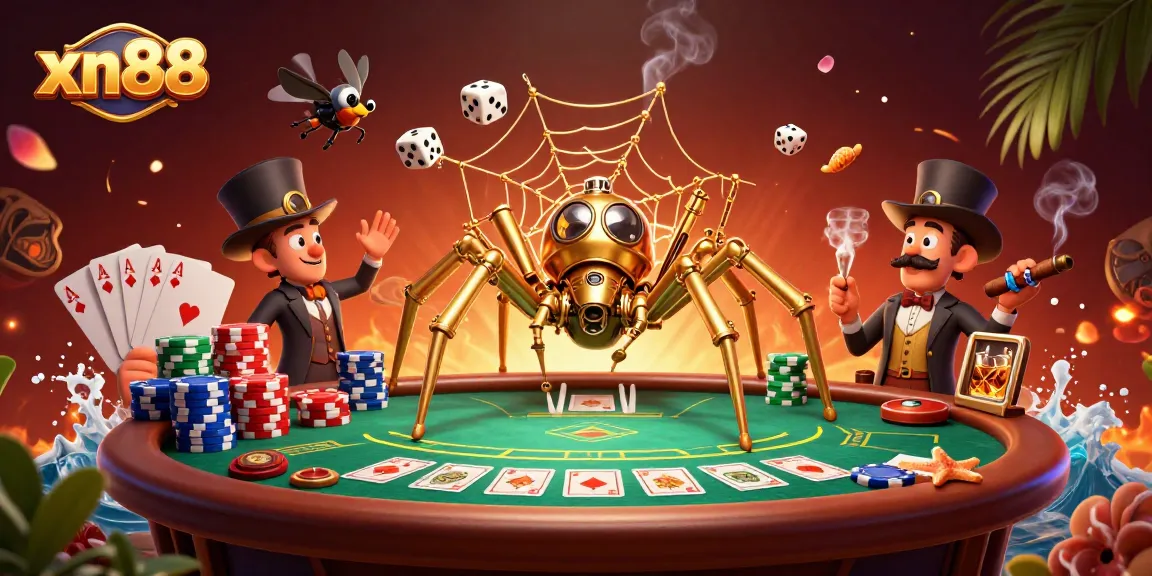 Engage in thrilling gameplay with xn88's cartoon steampunk spider casino scene.