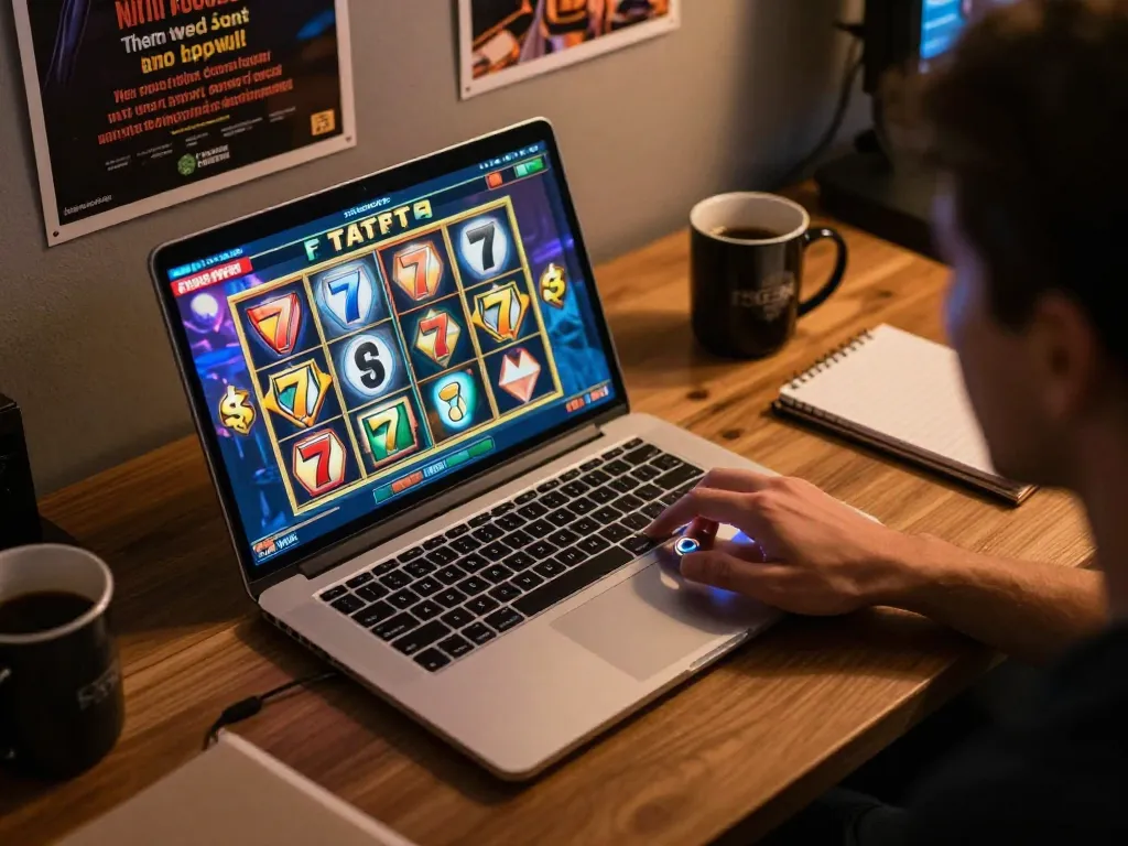 Player enjoying slot777 game on a laptop, showcasing engaging gameplay and excitement.
