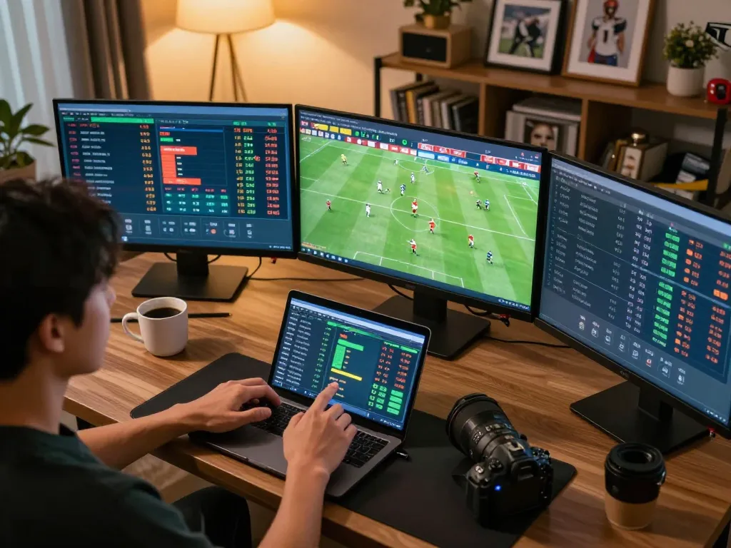 Engaged gambler placing bets on kèo nhà cái 5 while using multiple screens at home