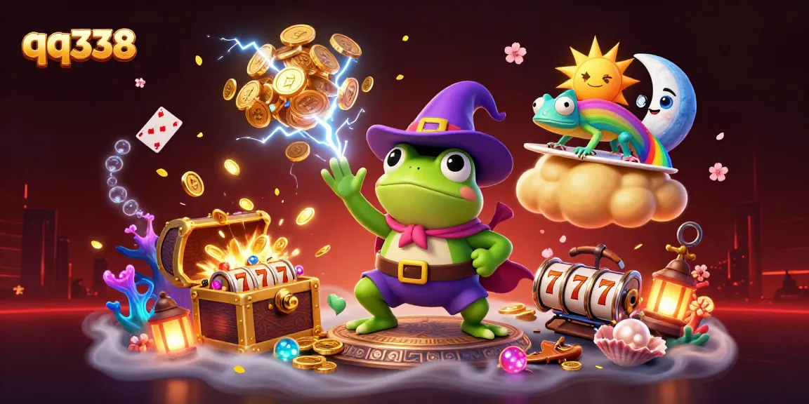 qq338 players enjoy thrilling action with golden coins, slots, and vibrant casino elements in a magical scene.