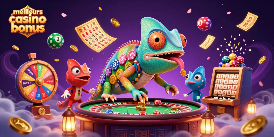Profitez des meilleurs casino bonus avec un caméléon coloré attrapant des pièces d'or et des éléments de jeu dynamiques autour.