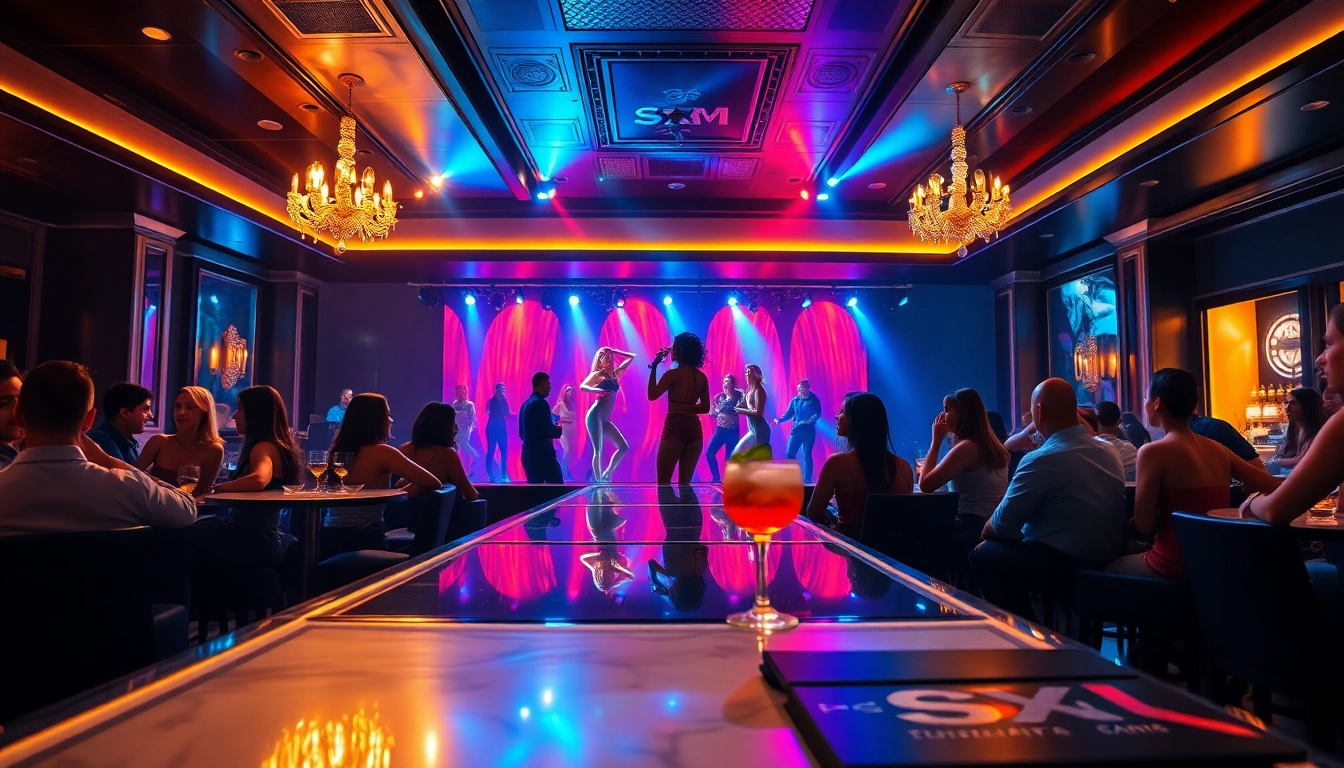 Experience the electrifying atmosphere at Club SXM with stunning dancers, vibrant lights, and stylish decor.