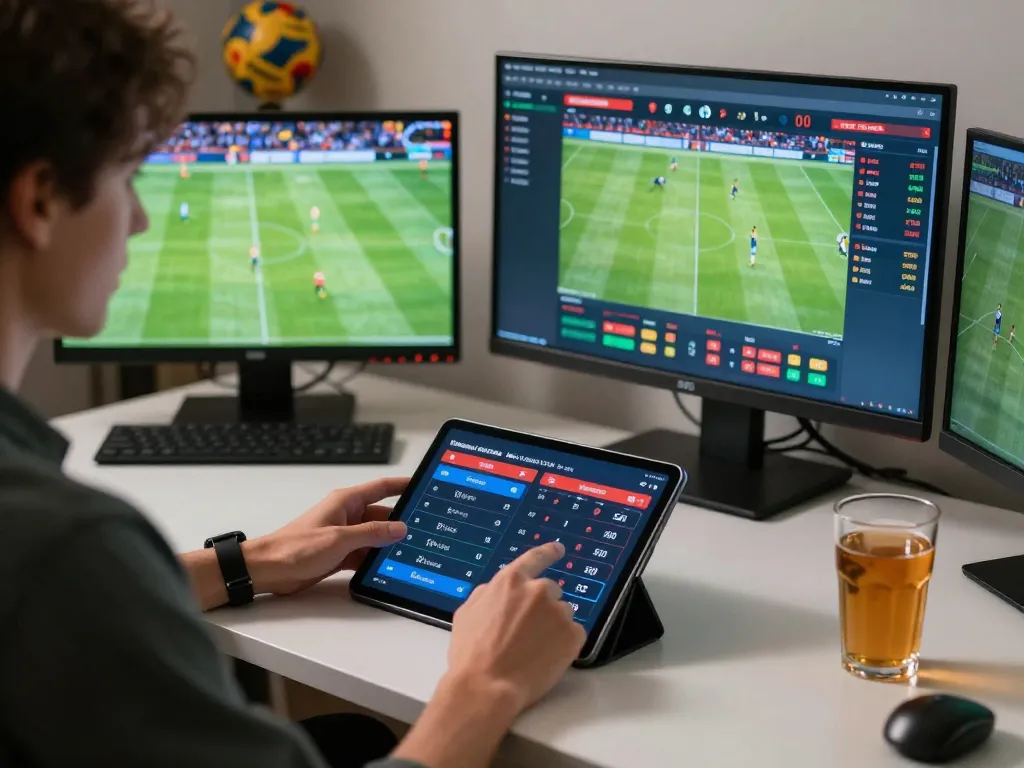 Engaging in live betting on pentaslot platform with multiple screens and sports action