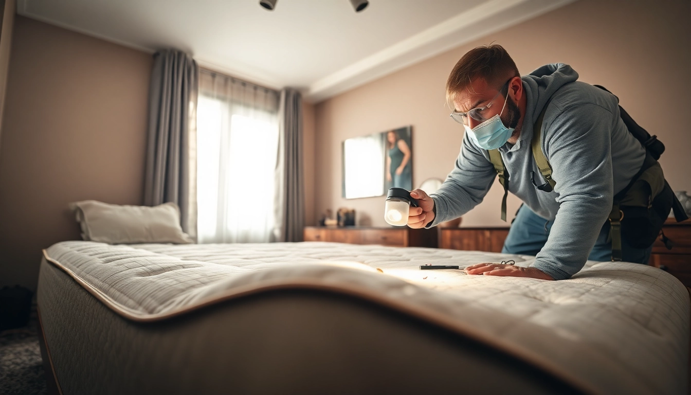 Bed bug exterminator inspecting a mattress for pest control in a bright, clean bedroom setting.