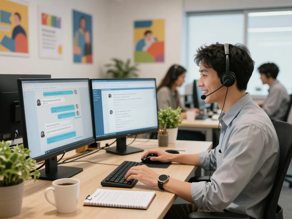 CSKH 24/7 hubet88 customer service representative engaging effectively in a modern office.