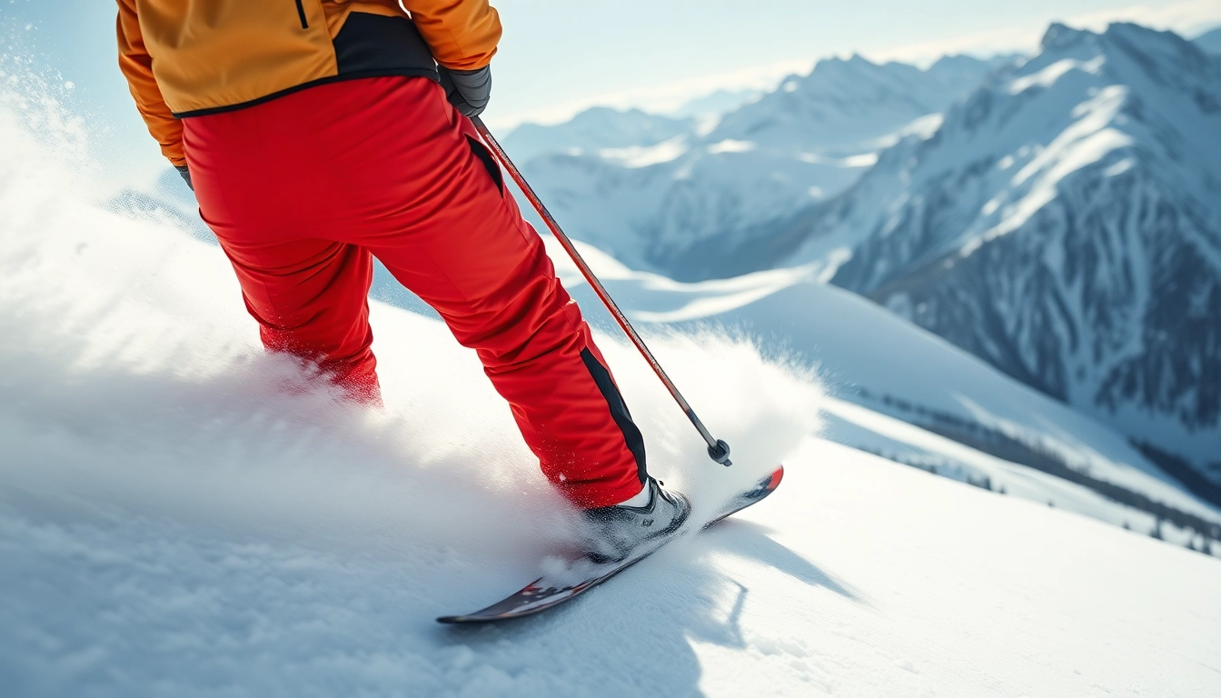 Skier demonstrating agility in gore tex ski pants amidst stunning mountainous terrain.