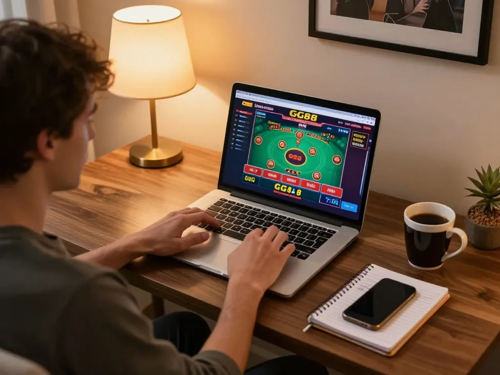 Engaging in strategic gameplay on GG88's online casino platform from a cozy home setup.