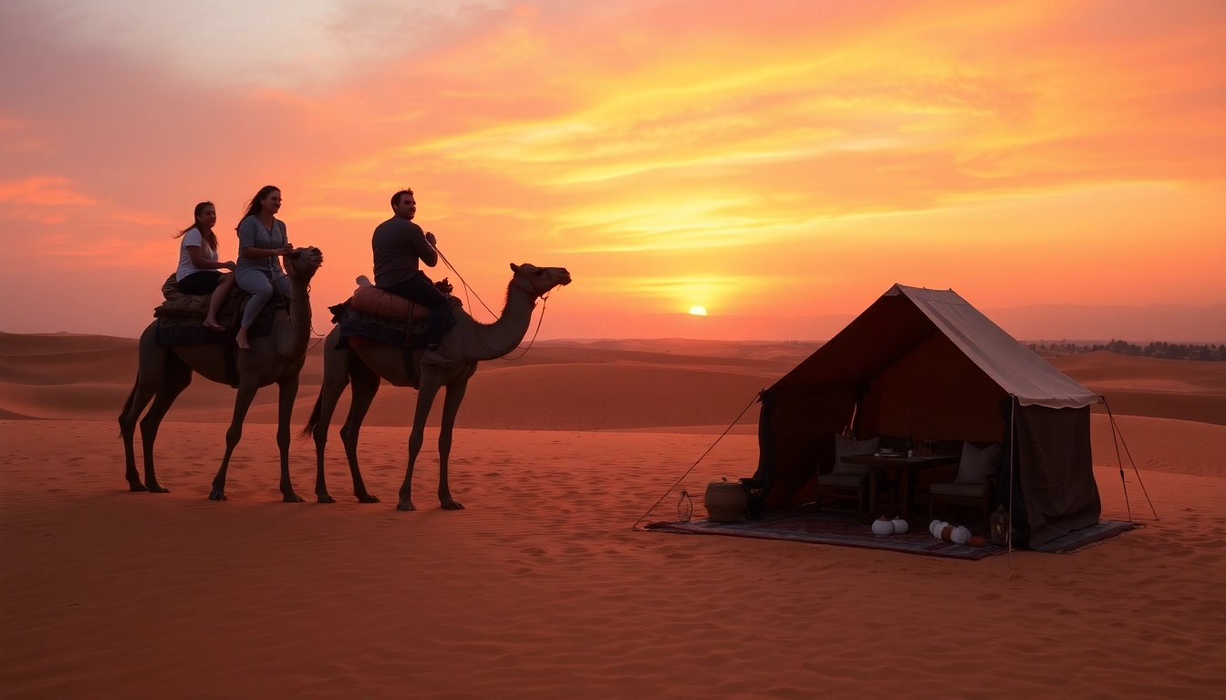 Agafay desert camel ride and dinner with a show at sunset, featuring camels and a cozy Berber tent.