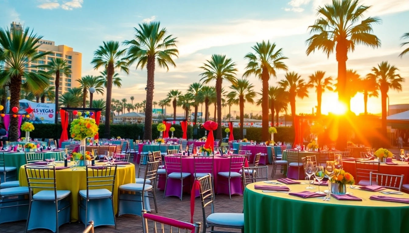 Set up for Event Rentals Las Vegas featuring stylish tables and chairs in a vibrant outdoor setting.