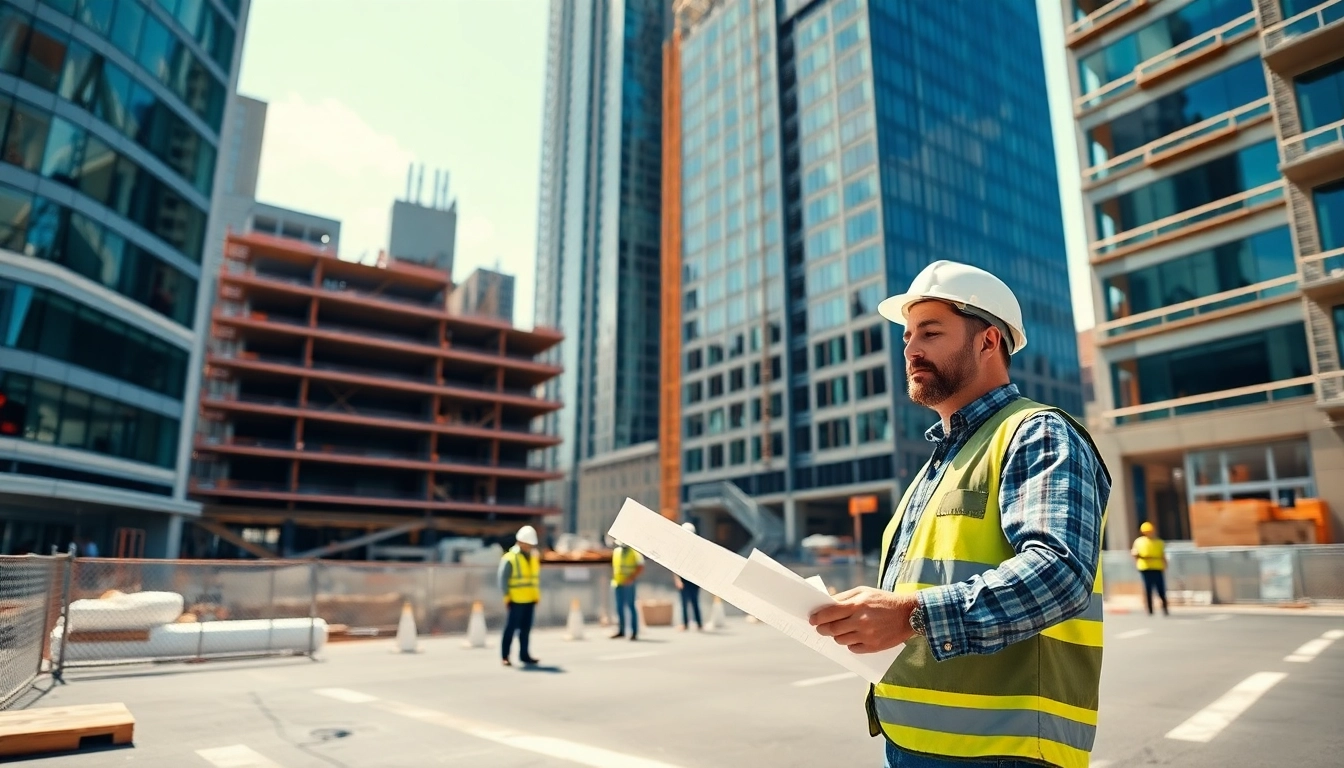 New York Commercial General Contractor reviewing plans at a bustling construction site in NYC.