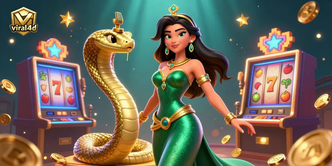 Engage in excitement with viral4d, featuring a dazzling casino woman and golden cobra amidst vivid slot machines and coins.