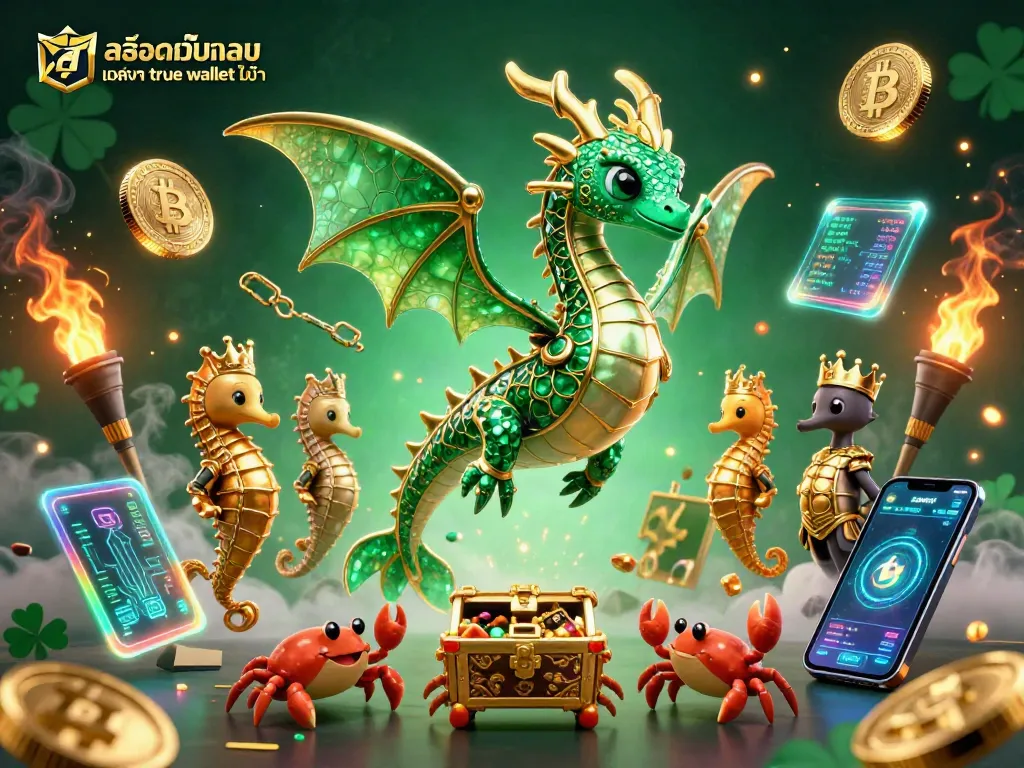 สล็อตเว็บตรง ฝากถอน true wallet ไม่มี ขั้นต่ํา ภาพวาด 3D แสดงมังกรทะเลและเหรียญคริปโตในบรรยากาศคาสิโน