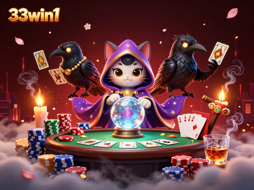 Engage with thrilling 33win1 poker scenes featuring a mystic cat and vibrant cards.
