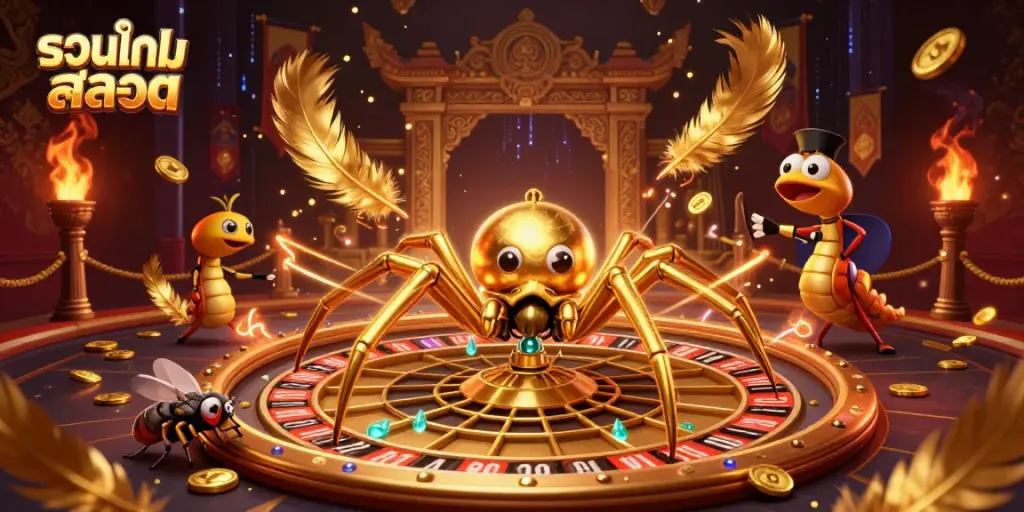 Engage in รวมเกมสล็อต with a dynamic scene featuring vibrant 3D characters and casino elements