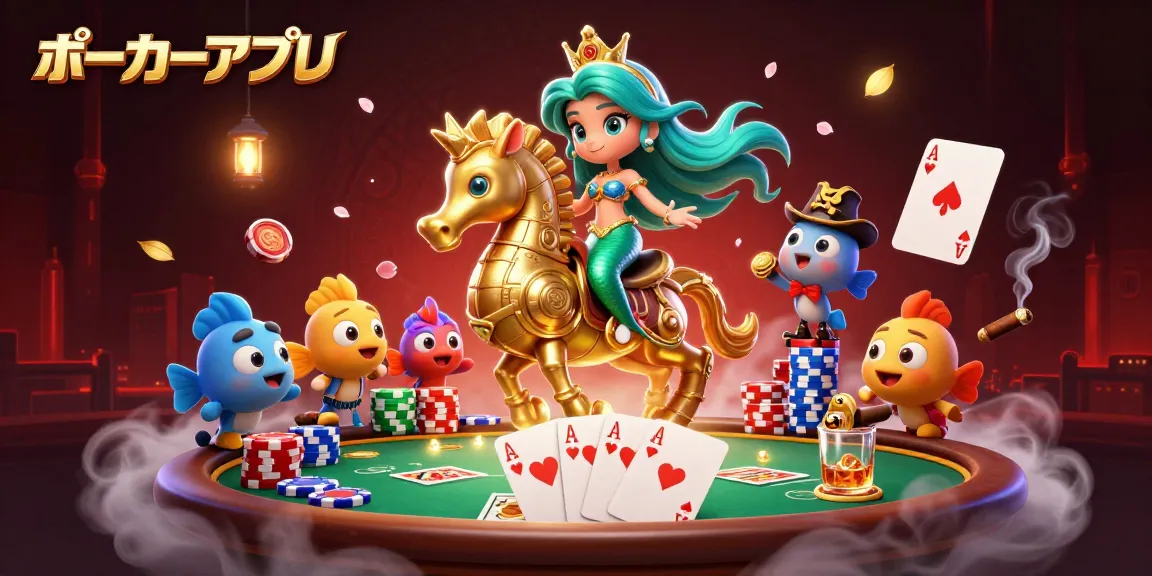 ポーカーアプリで魅力的な海の冒険を楽しみ、色とりどりの魚と共にポーカーチップで盛り上がるシーン。
