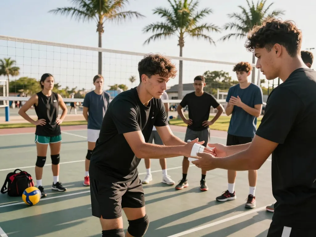 volleyball thumb taping technique demonstrated by athletes at practice court, showing teamwork and support