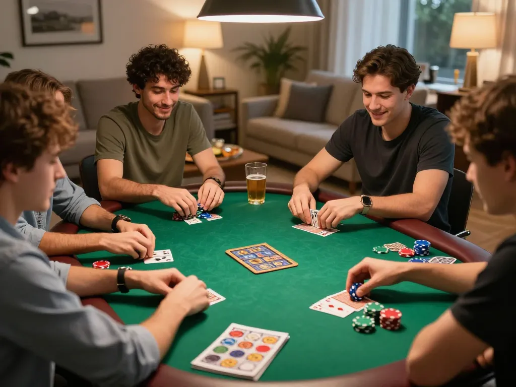 Friends enjoying a cheerful poker night at home with rokok88, featuring colorful chips and engaging gameplay.
