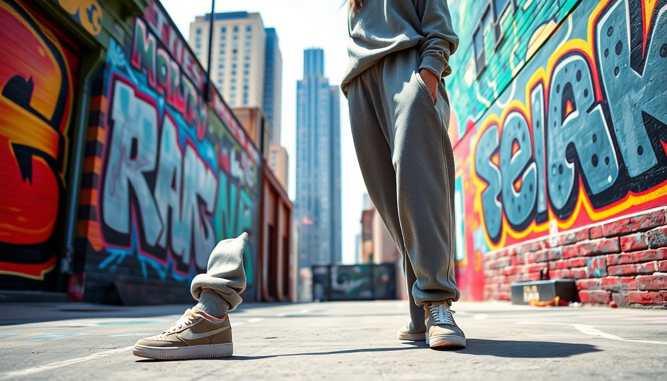 Model showcasing oversized sweatpants in an urban setting, blending comfort and style.