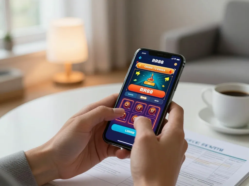 Player engaging with the RR88 App on a smartphone, highlighting online casino gaming.