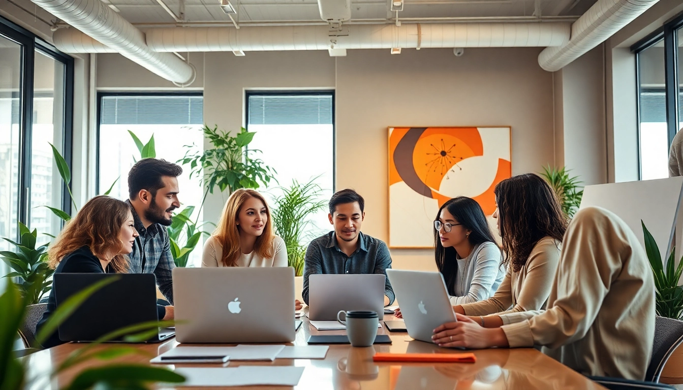 Collaborative team of a digital marketing company working in a vibrant office environment.
