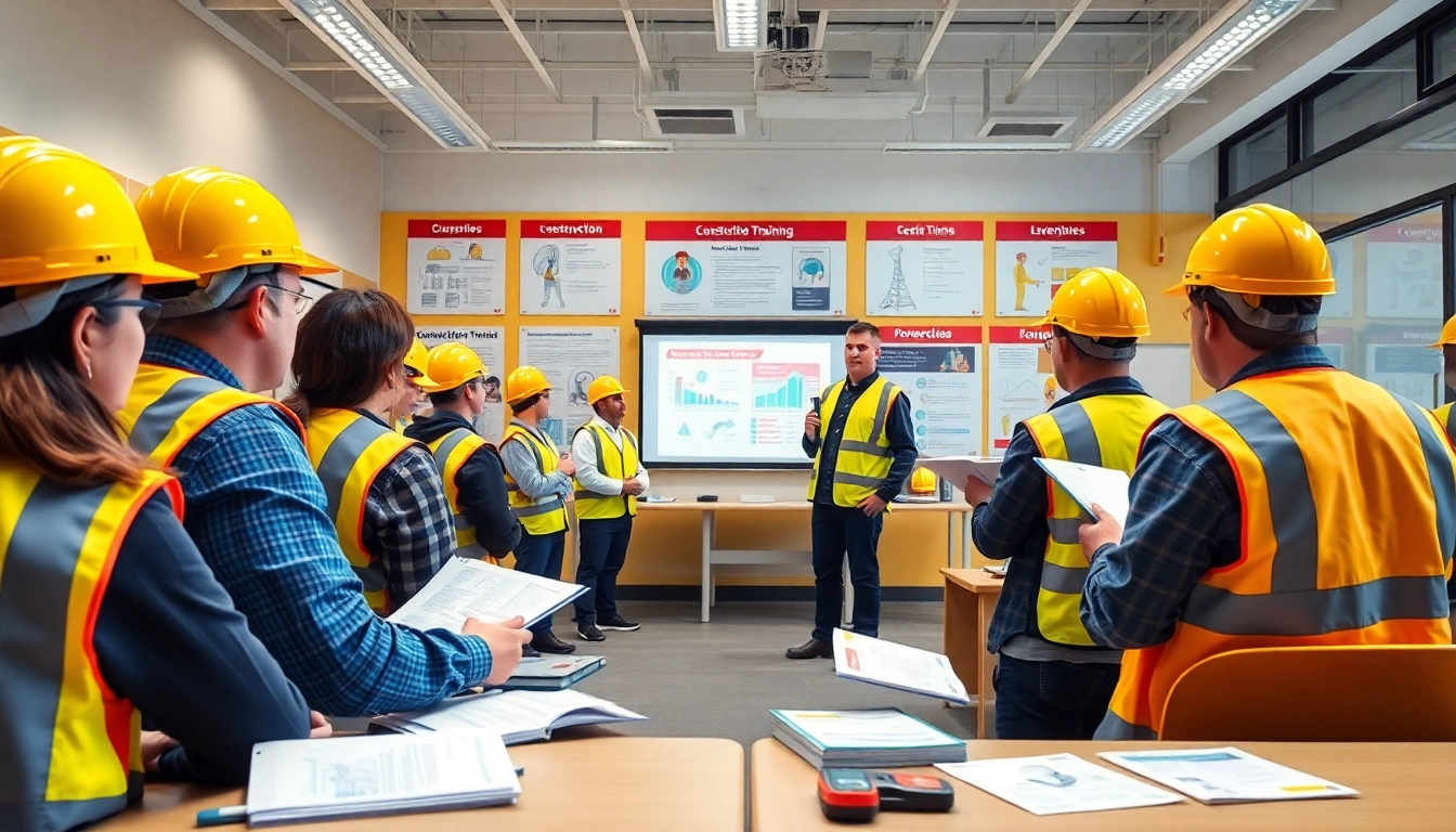 Construction safety training session with engaged workers learning vital safety protocols.