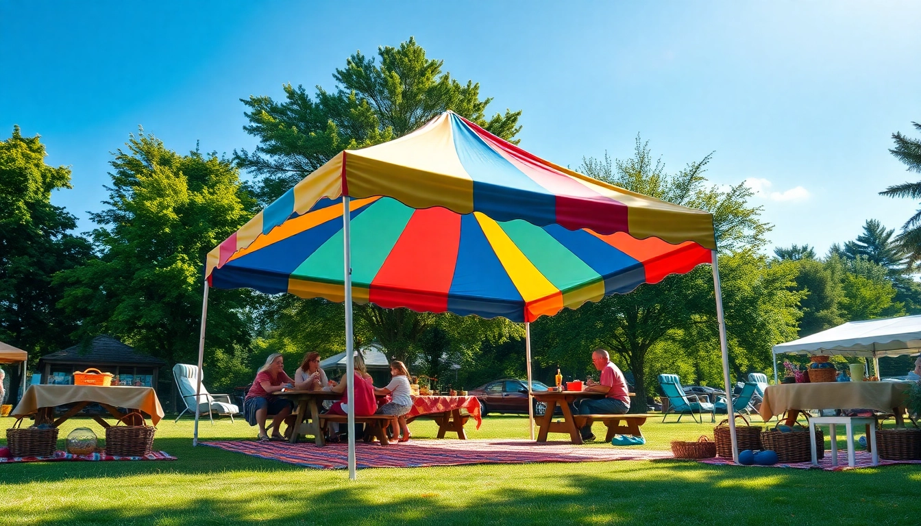 A family enjoys a sunny picnic under a vibrant canopy tent in a lush outdoor setting.