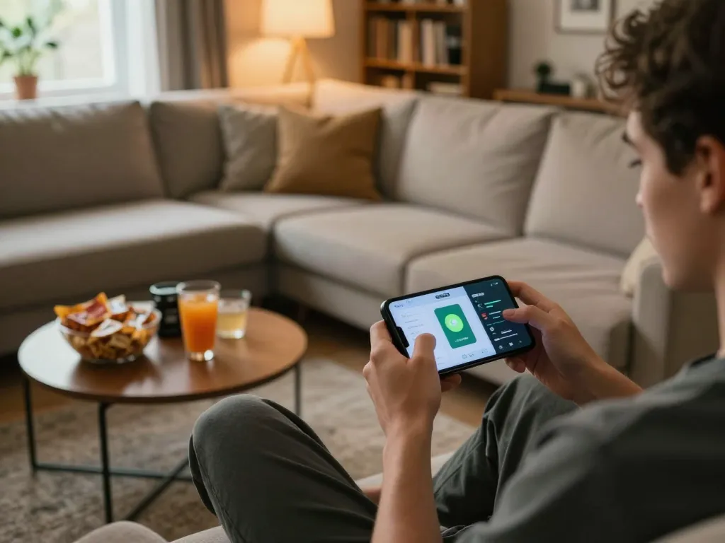 Engage in exciting gameplay with the RR88 App on a smartphone in a cozy home setting.