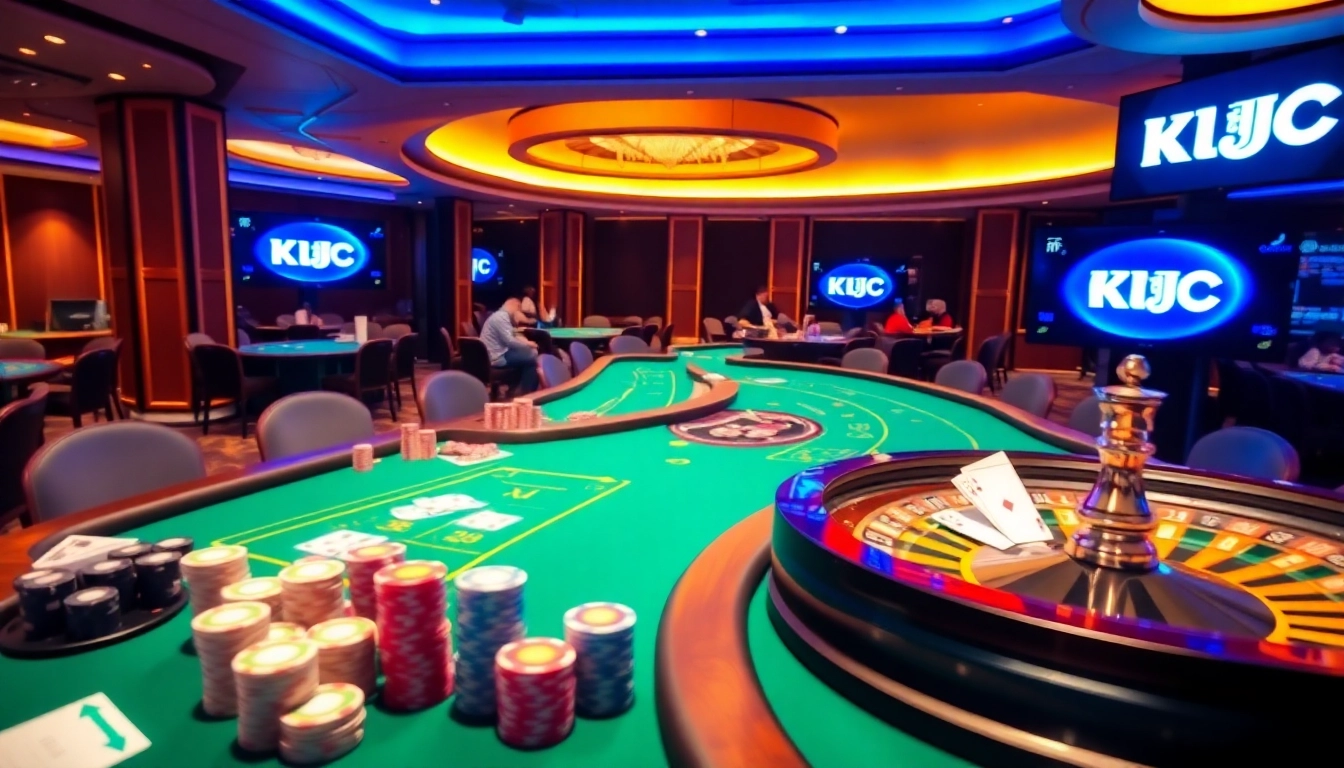 KJC AC 3 online casino scene with poker chips, cards, and roulette wheel.